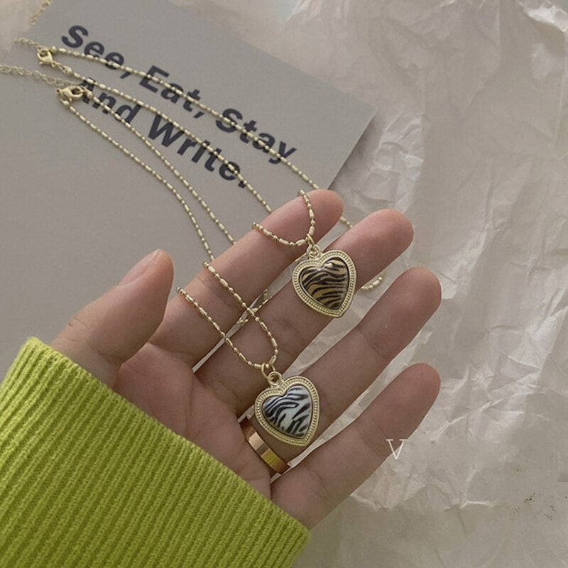 Kpop Cute Heart Bear Pendant Necklace for Girl Women Vintage Retro Leopard Neck Chain Korean Collier Collares Jewelry