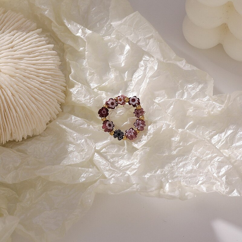 Kpop Cute Multi Beaded Imitation Pearl Colorful Crystal Adjustable Rope Chain Rings For Women Continuous Circle Minimalist Ring