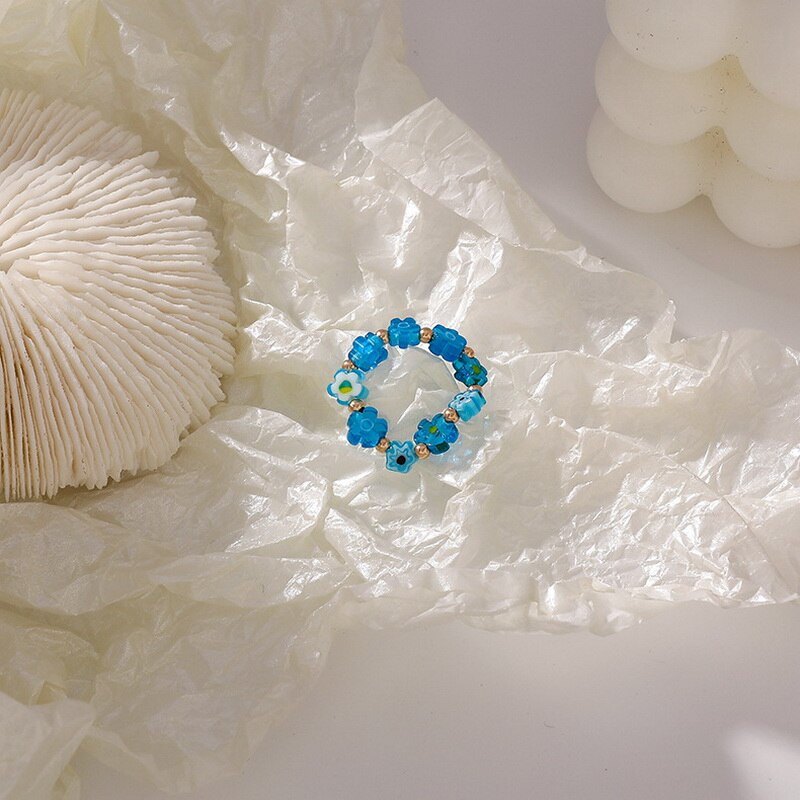 Kpop Cute Multi Beaded Imitation Pearl Colorful Crystal Adjustable Rope Chain Rings For Women Continuous Circle Minimalist Ring