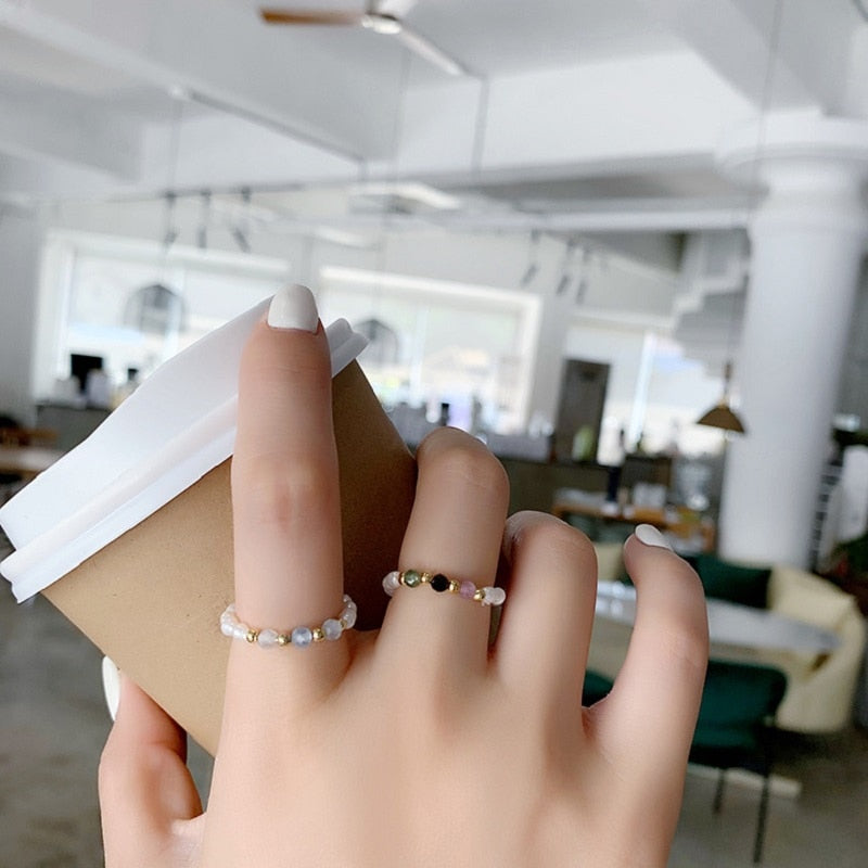 Kpop Cute Multi Beaded Imitation Pearl Colorful Crystal Adjustable Rope Chain Rings For Women Continuous Circle Minimalist Ring