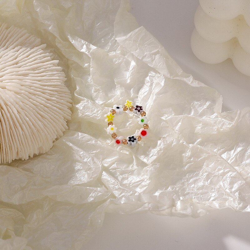 Kpop Cute Multi Beaded Imitation Pearl Colorful Crystal Adjustable Rope Chain Rings For Women Continuous Circle Minimalist Ring