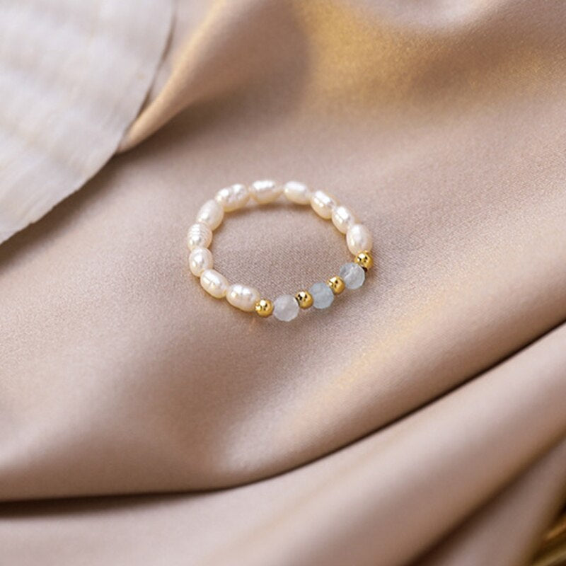 Kpop Cute Multi Beaded Imitation Pearl Colorful Crystal Adjustable Rope Chain Rings For Women Continuous Circle Minimalist Ring