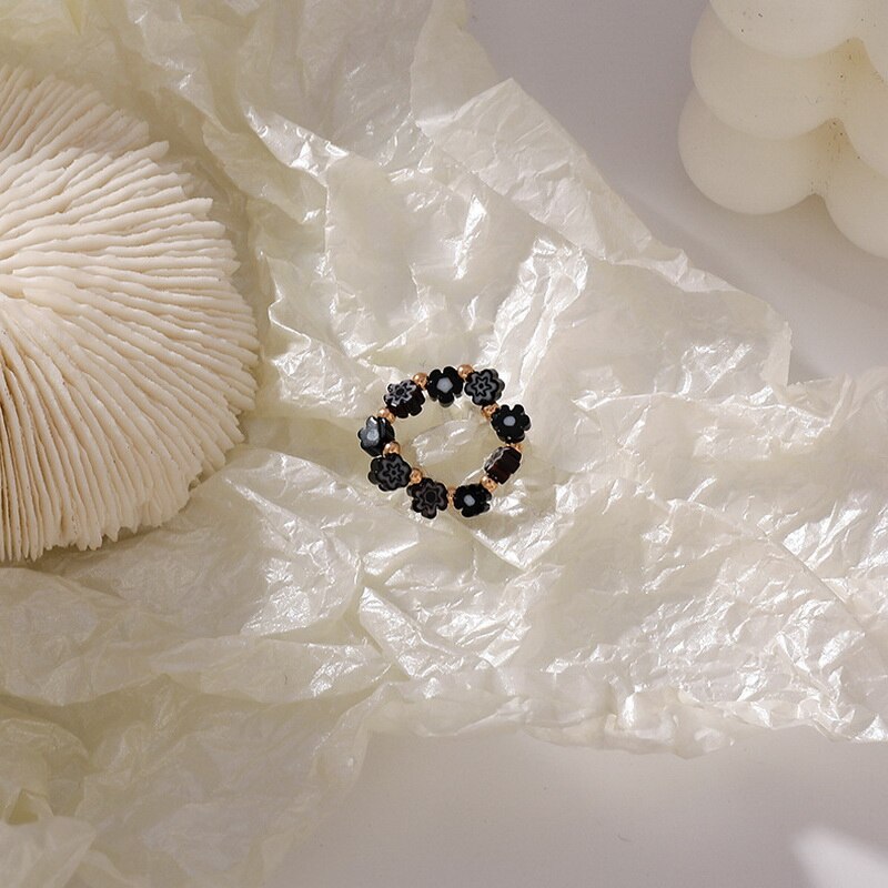 Kpop Cute Multi Beaded Imitation Pearl Colorful Crystal Adjustable Rope Chain Rings For Women Continuous Circle Minimalist Ring