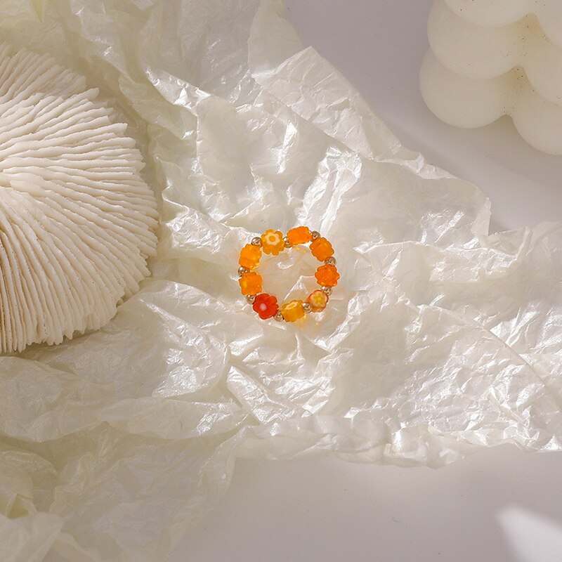 Kpop Cute Multi Beaded Imitation Pearl Colorful Crystal Adjustable Rope Chain Rings For Women Continuous Circle Minimalist Ring