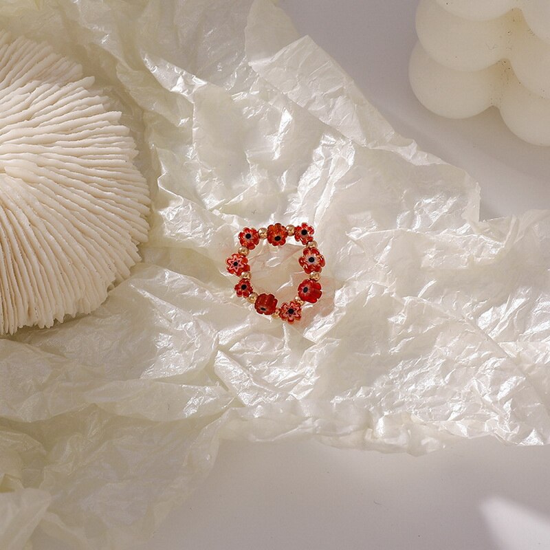 Kpop Cute Multi Beaded Imitation Pearl Colorful Crystal Adjustable Rope Chain Rings For Women Continuous Circle Minimalist Ring