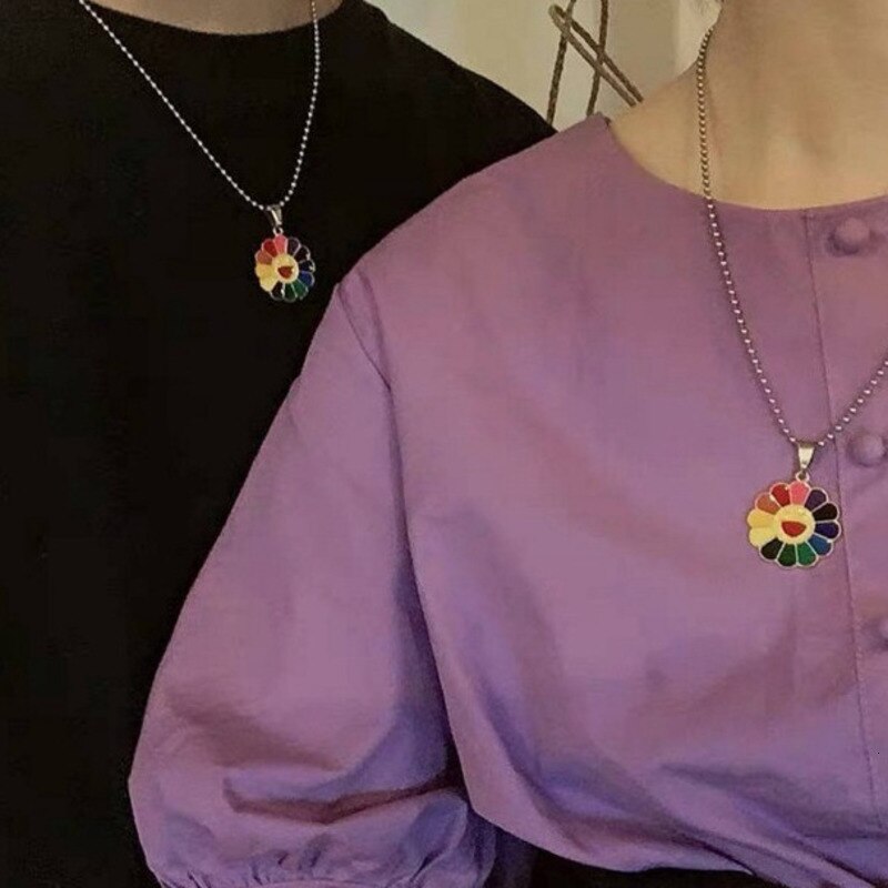 Kpop E-girl Harajuku Stainless Steel Necklace Sun Flower Sunflower Colorful Petals Smiley Can Be Rotated Pendant Necklace