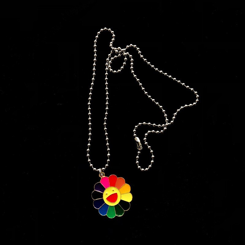 Kpop E-girl Harajuku Stainless Steel Necklace Sun Flower Sunflower Colorful Petals Smiley Can Be Rotated Pendant Necklace