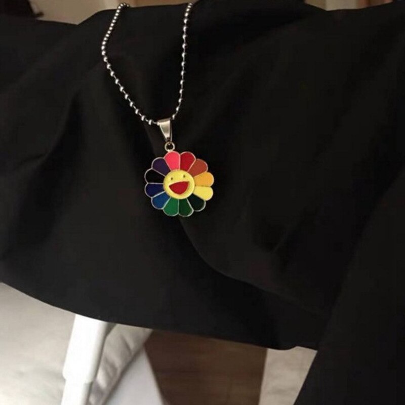 Kpop E-girl Harajuku Stainless Steel Necklace Sun Flower Sunflower Colorful Petals Smiley Can Be Rotated Pendant Necklace