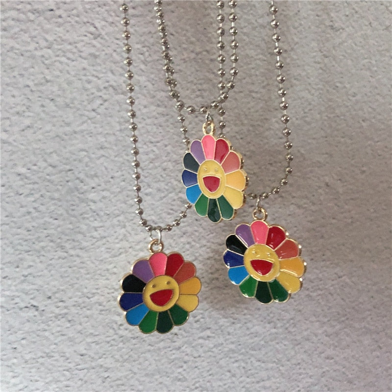 Kpop E-girl Harajuku Stainless Steel Necklace Sun Flower Sunflower Colorful Petals Smiley Can Be Rotated Pendant Necklace