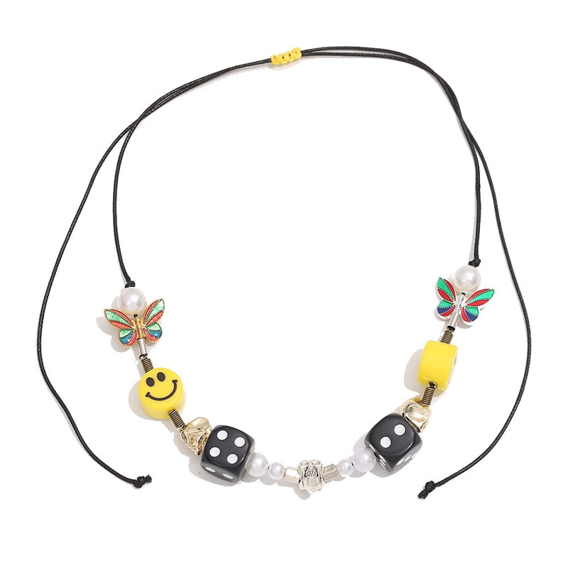 Kpop Rope Necklace for Men Dice Skull Pearl Yellow Smiley Face Multico