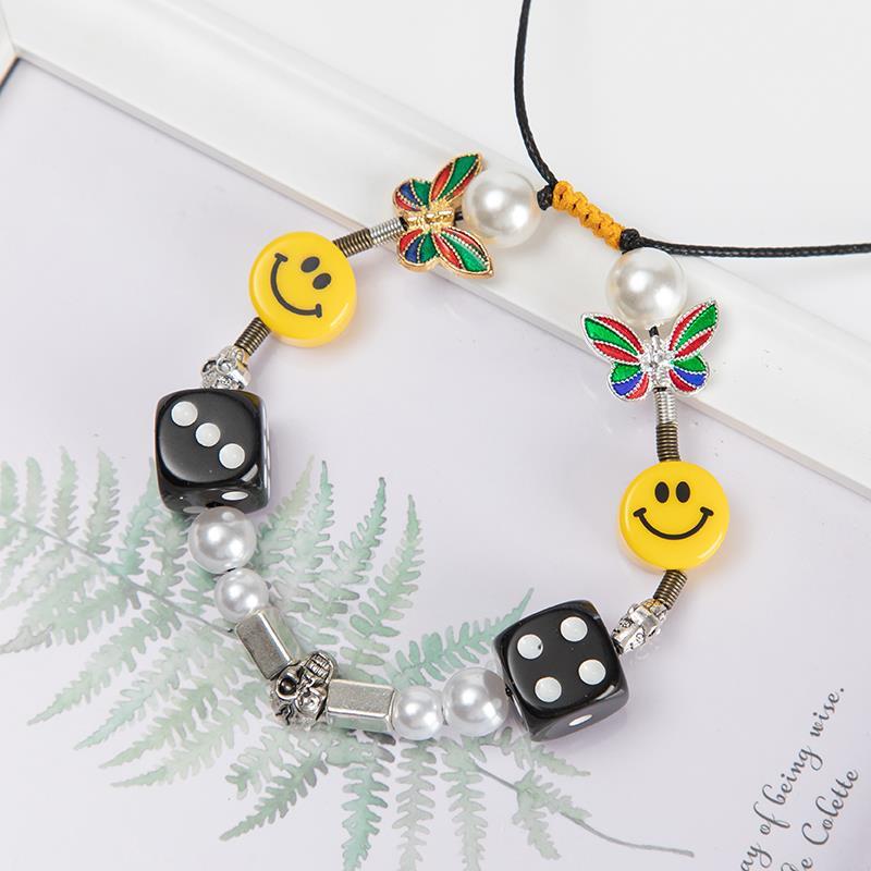 Kpop Rope Necklace for Men Dice Skull Pearl Yellow Smiley Face Multicolor Butterfly Necklace Hip Hop Bracelet 2021 New