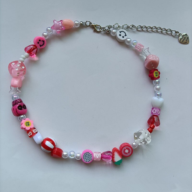 Kpop Goth Harajuku Fruit Smiley Beaded Necklace  Pearl Jewelry Choker hip-hop Multicolor Trendy Clay Fruit  y2k jewelry