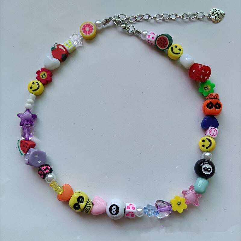 Kpop Goth Harajuku Fruit Smiley Beaded Necklace  Pearl Jewelry Choker hip-hop Multicolor Trendy Clay Fruit  y2k jewelry