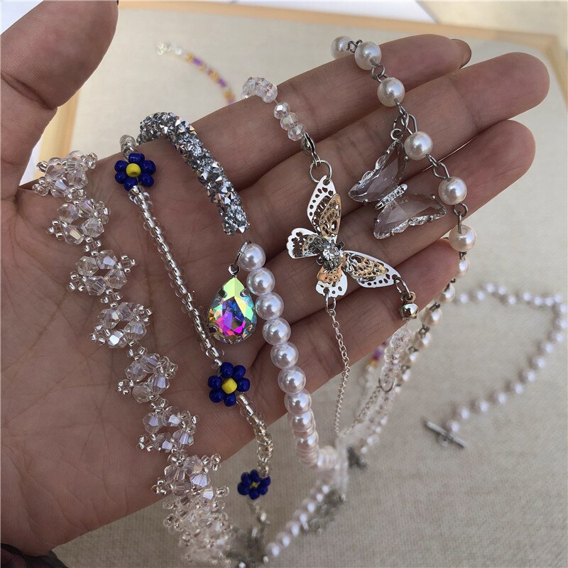 Kpop Handmade Transparent Beaded Pearl Crystal Butterfly Chain Choker Necklace For Women 2021 Cute Party Aesthetic Jewelry