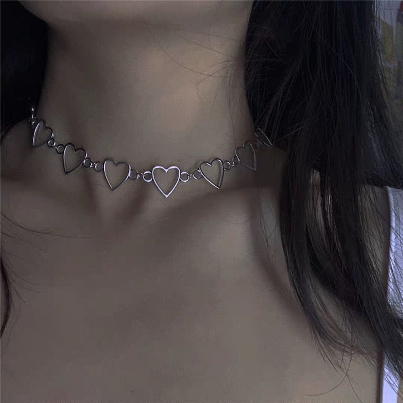Kpop Harajuku Goth Metal Hollow Heart Neck Chains Choker Necklaces For Women Egirl Party Cosplay Aesthetic Accessories Jewelry
