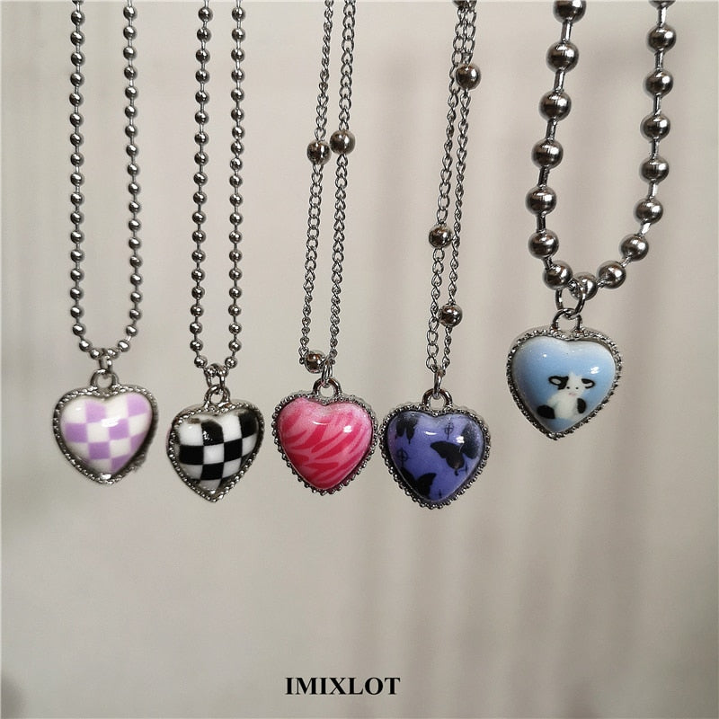 Kpop Harajuku Pink Purple Heart Butterfly Neck Bead Chain Necklace For Women Egirl Aesthetic EMO Goth Y2K Jewelry Accessories