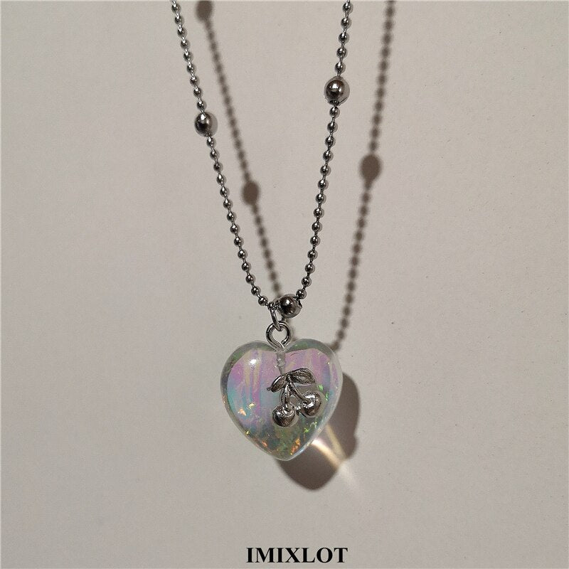 Kpop Harajuku Pink Purple Heart Butterfly Neck Bead Chain Necklace For