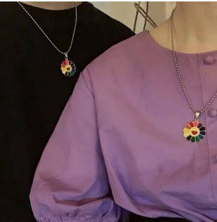 Kpop Harajuku Sun Flower Sunflower Colorful Petals Smiley Can Be Rotated Pendant Necklace igirl e boy girl aesthetic jewelry