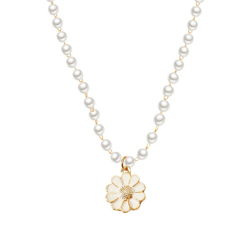 Kpop Pearl Choker Necklaces For Women Neck Chain Flower Pendant Beads Chain Boho Jewelry Decoration 2021 Collar for girl Chocker