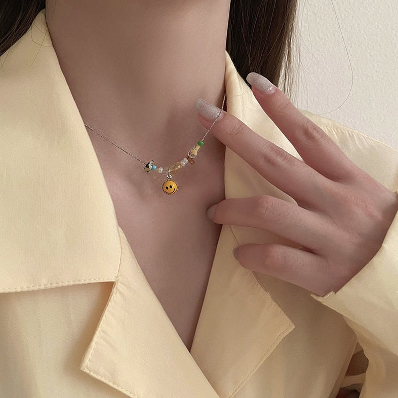 Kpop Smile Chokers Necklaces Multicolor Beading Necklaces for Women Girls Funny Boho Accessories