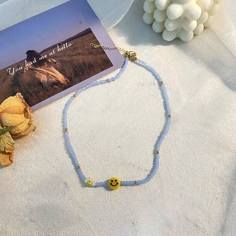 Kpop Smiley Beads Short Collar Choker Necklace For Women Handmade Colorful Statement Boho Aesthetic Jewelry