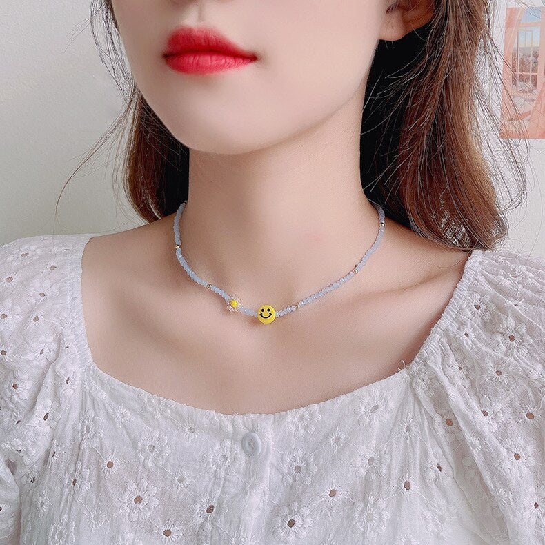 Kpop Smiley Beads Short Collar Choker Necklace For Women Handmade Colorful Statement Boho Aesthetic Jewelry