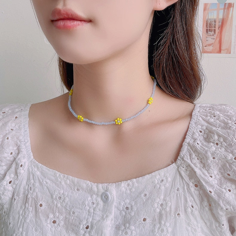Kpop Smiley Beads Short Collar Choker Necklace For Women Handmade Colorful Statement Boho Aesthetic Jewelry