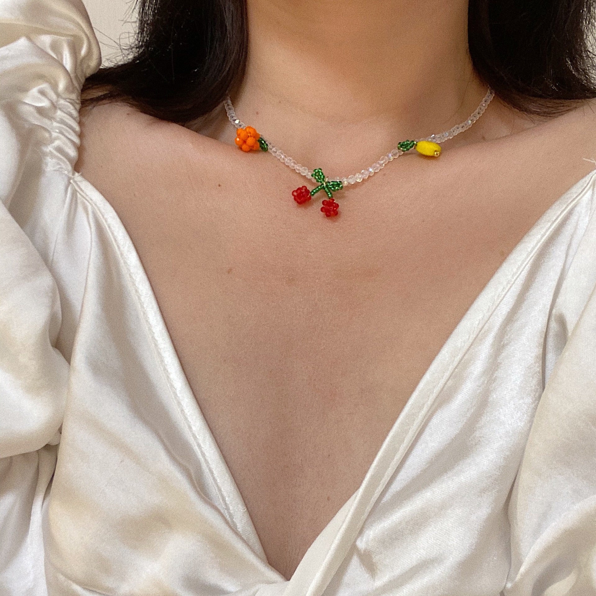 Kpop Summer Sweet Cherry Pineapple Choker Transparent Beads Women Charm Necklace Fruit Party Jewelry Gift