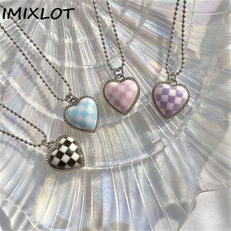 Kpop Trend Black Blue Pink Love Heart Pendant Chain Neck Necklace For Women Girl Daily Party Charm Jewelry Y2K Accessories Gift