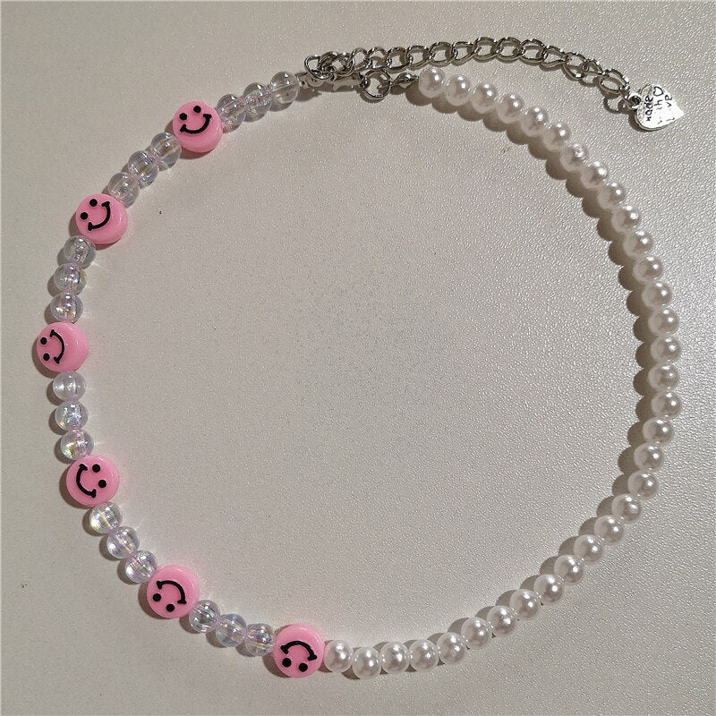Kpop Vintage Goth Harajuku Smiley Beaded Choker Necklace For Women Egirl Hip Hop Trendy Y2k Cool Guy Jewelry Accessories Gifts