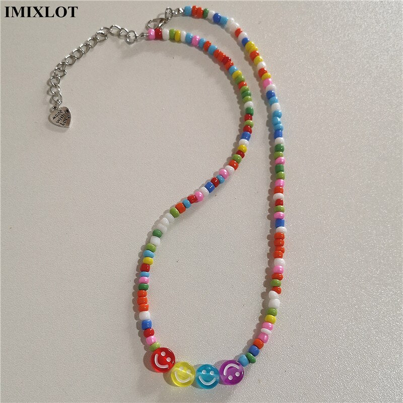 Kpop Vintage Goth Harajuku Smiley Beaded Choker Necklace For Women Egirl Hip Hop Trendy Y2k Cool Guy Jewelry Accessories Gifts