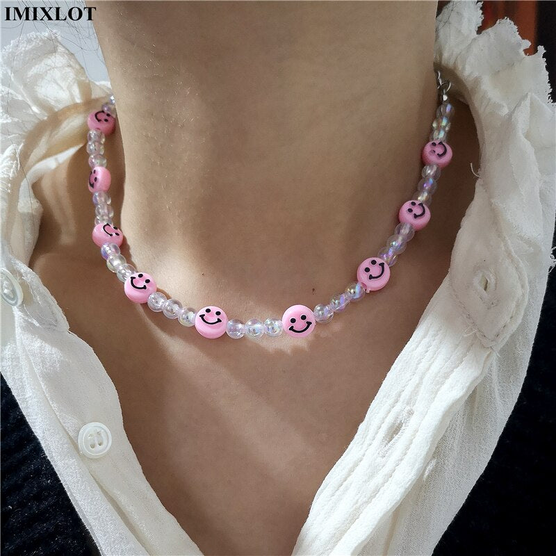 Kpop Vintage Goth Harajuku Smiley Beaded Choker Necklace For Women Egirl Hip Hop Trendy Y2k Cool Guy Jewelry Accessories Gifts