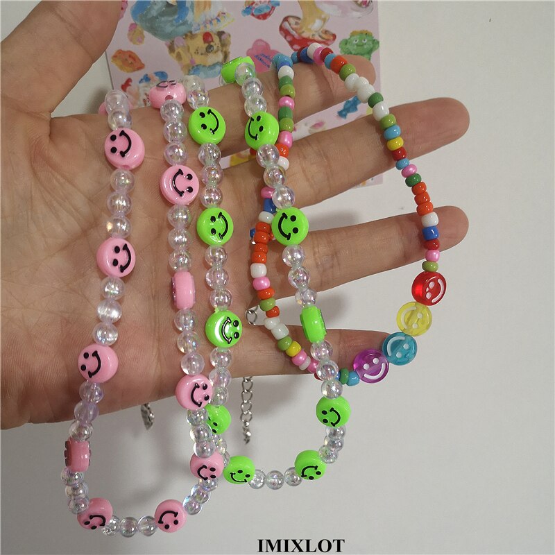 Kpop Vintage Goth Harajuku Smiley Beaded Choker Necklace For Women Egirl Hip Hop Trendy Y2k Cool Guy Jewelry Accessories Gifts