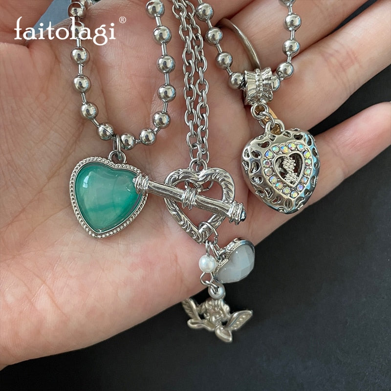 Kpop Vintage Green Heart Necklace for Women Heart Angel Pendant Clavicle Chain Necklace Y2K Cupid Pendant Necklace Party Jewelry