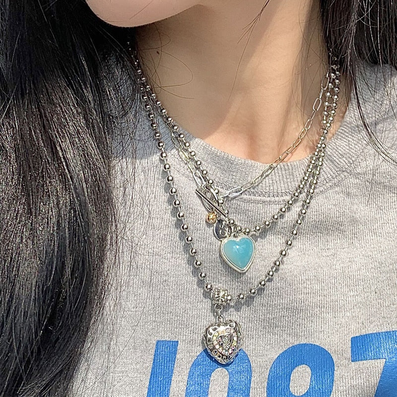 Kpop Vintage Green Heart Necklace for Women Heart Angel Pendant Clavicle Chain Necklace Y2K Cupid Pendant Necklace Party Jewelry
