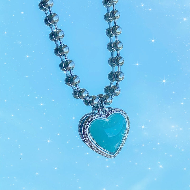 Kpop Vintage Green Heart Necklace for Women Heart Angel Pendant Clavicle Chain Necklace Y2K Cupid Pendant Necklace Party Jewelry