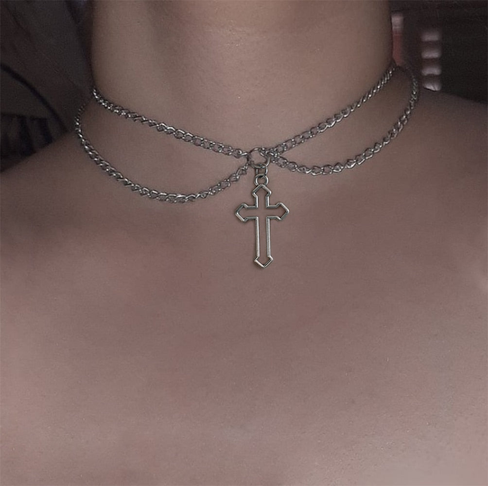 Kpop Women Neck Chain Cross Choker Necklaces On The Neck Double Layer Pendant Jewelry 2021 Chocker Collar For Girls Checker Goth