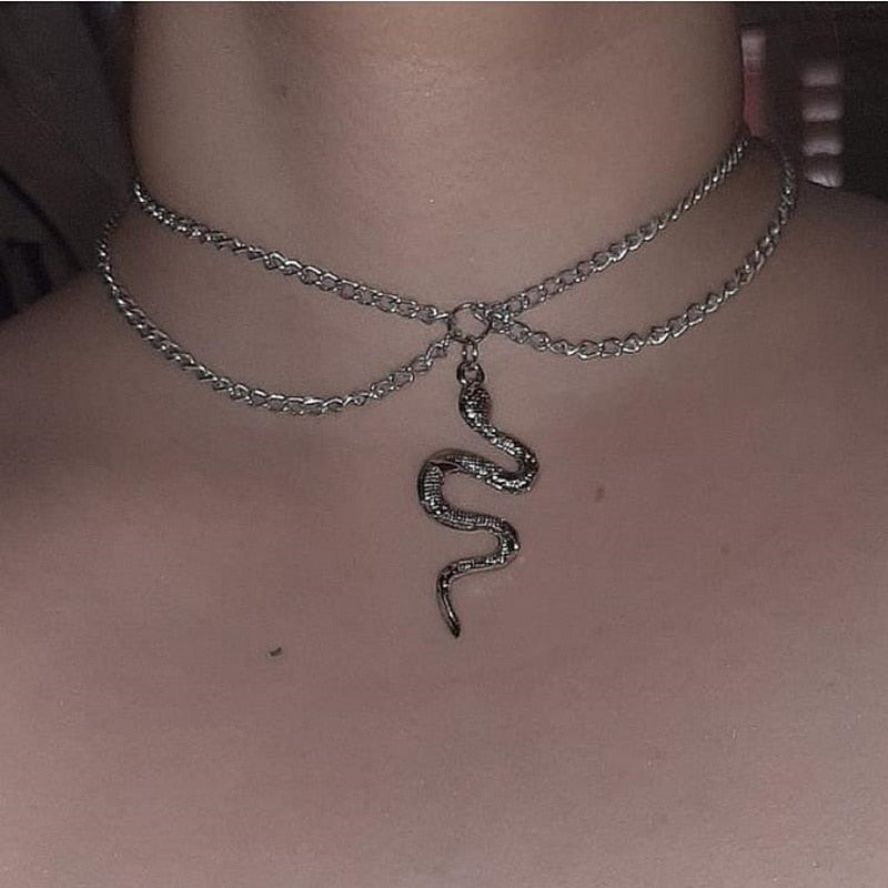 Kpop Women Neck Chain Snake Choker Necklaces On The Neck Double Layer Pendant Jewelry 2021 Chocker Collar For Girls Checker Goth