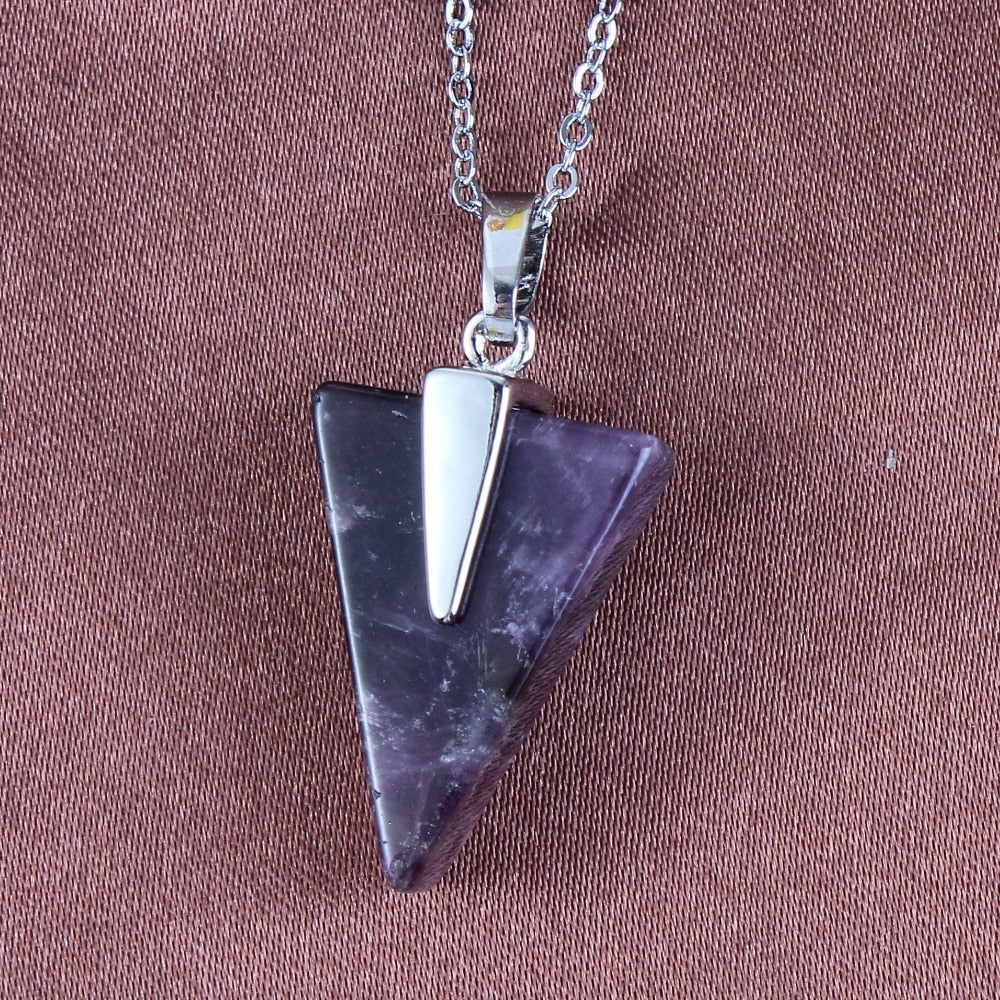 Kraft-beads Simple Style Silver Plated Triangle Pendant Natural Purple Amethysts Necklace Link Chain Fashion Jewelry
