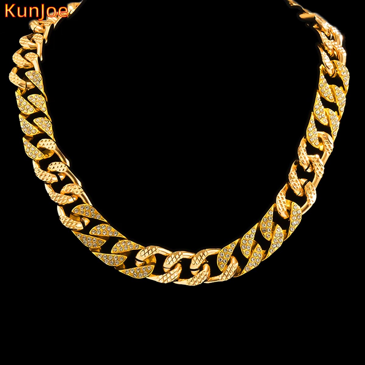 KunJoe 2021 Hip Hop Necklace Iced Out Cuban Link Chain Women Bling Rhinestone Choker Girls Clavicle Chain Rock Men Jewelry