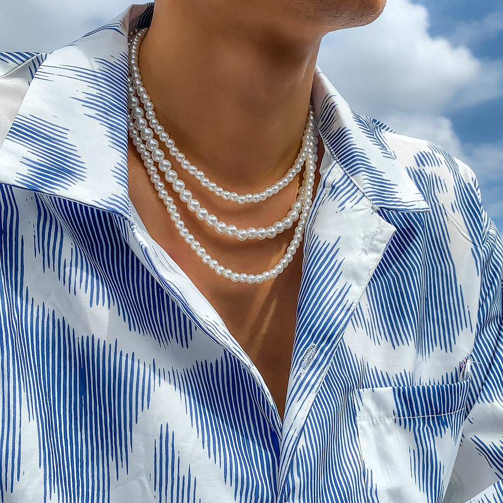 KunJoe 3pcs/set Vintage White Imitation Pearls Choker Necklace for Men Women Bohemian Big Round Pearl Wedding Neckalce Jewelry