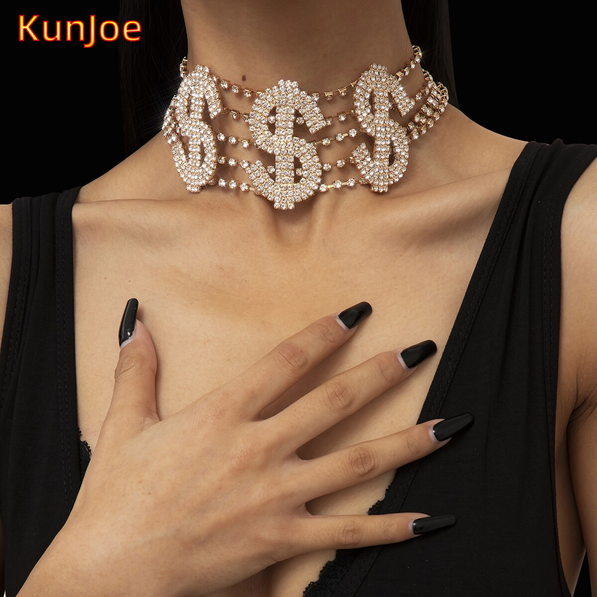 KunJoe Big Money Dollar Rhinestone Necklace Statement Choker for Women Crystal Collar Necklace Nechlace Party Jewelry