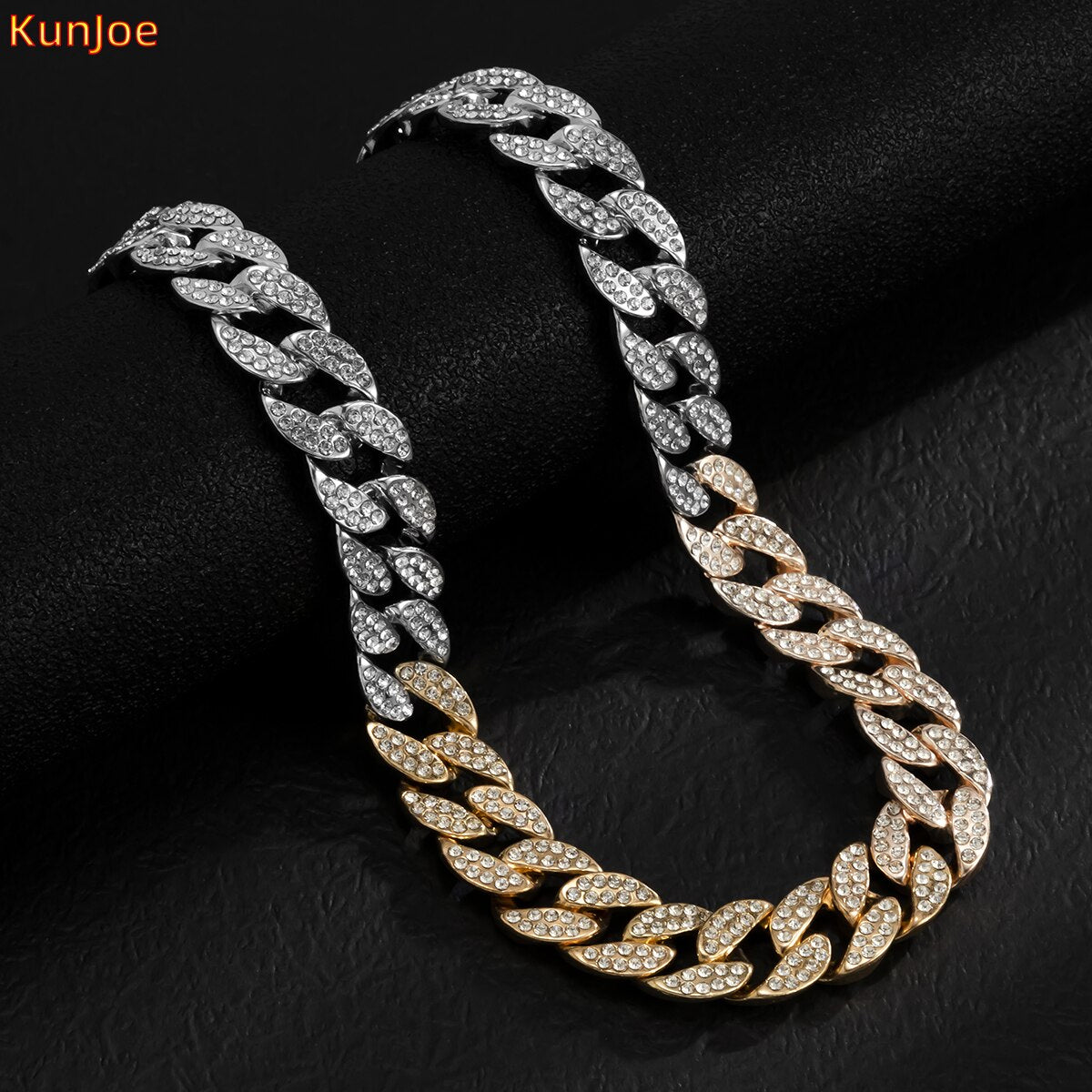 KunJoe Hip Hop Rhinestone Necklace Men Gold Color Thick Cuban Chain Punk Choker Necklace For Women Neck Collar Party Jewelry