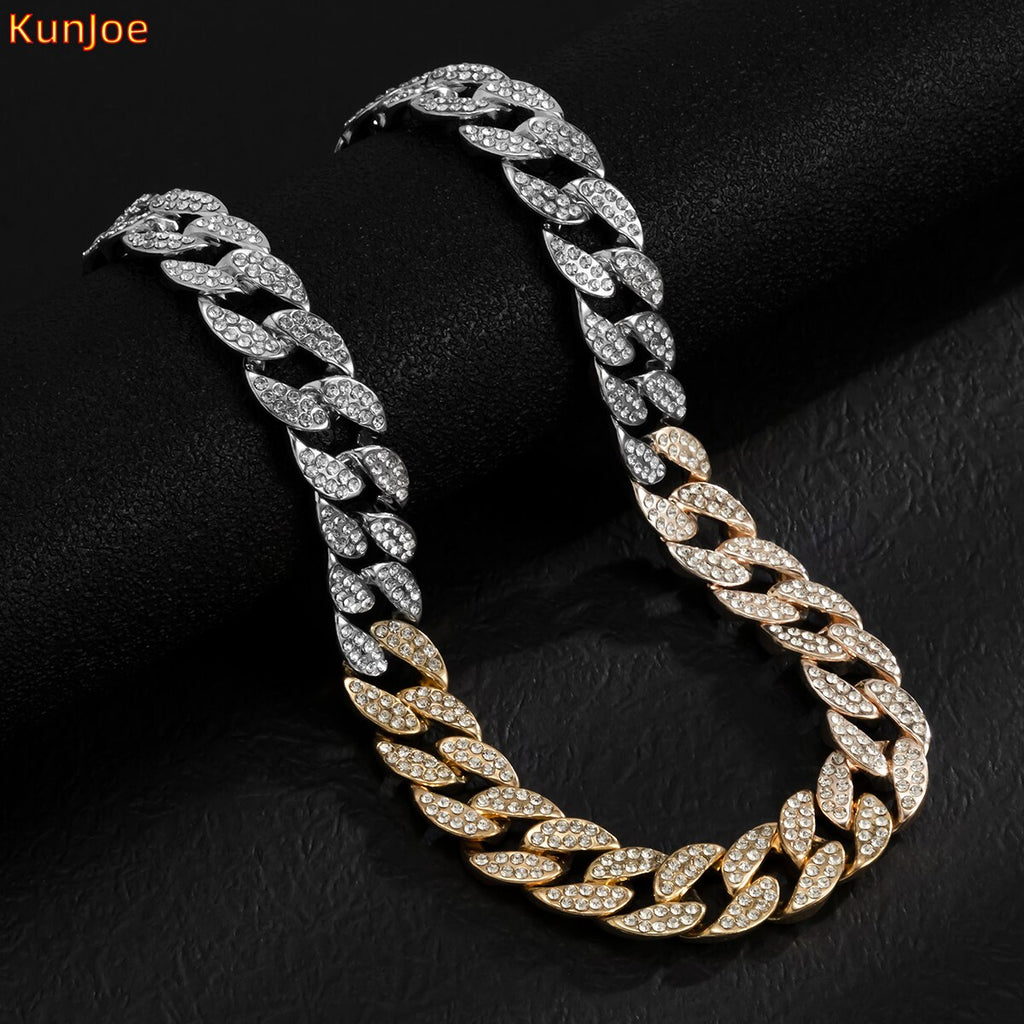 KunJoe Hip Hop Rhinestone Necklace Men Gold Color Thick Cuban Chain Punk Choker Necklace For Women Neck Collar Party Jewelry