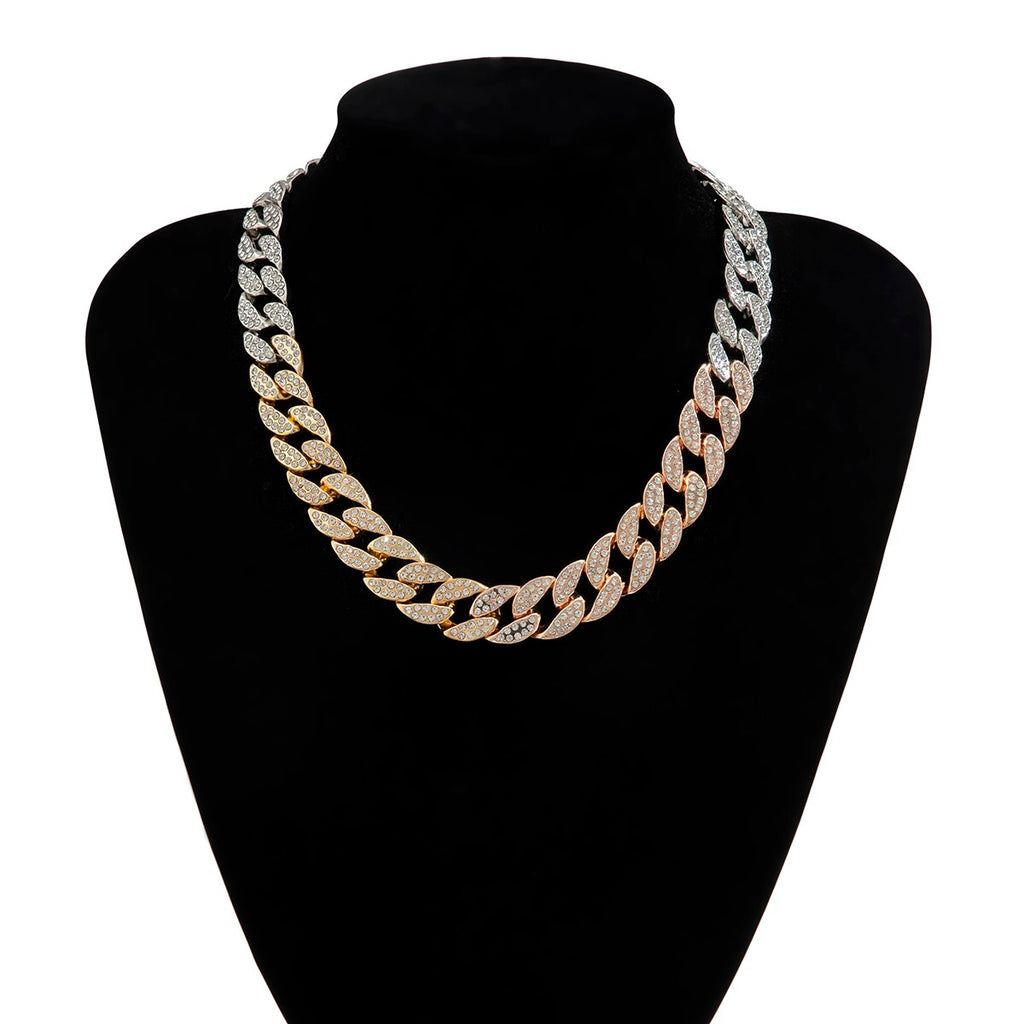 KunJoe Hip Hop Rhinestone Necklace Men Gold Color Thick Cuban Chain Punk Choker Necklace For Women Neck Collar Party Jewelry