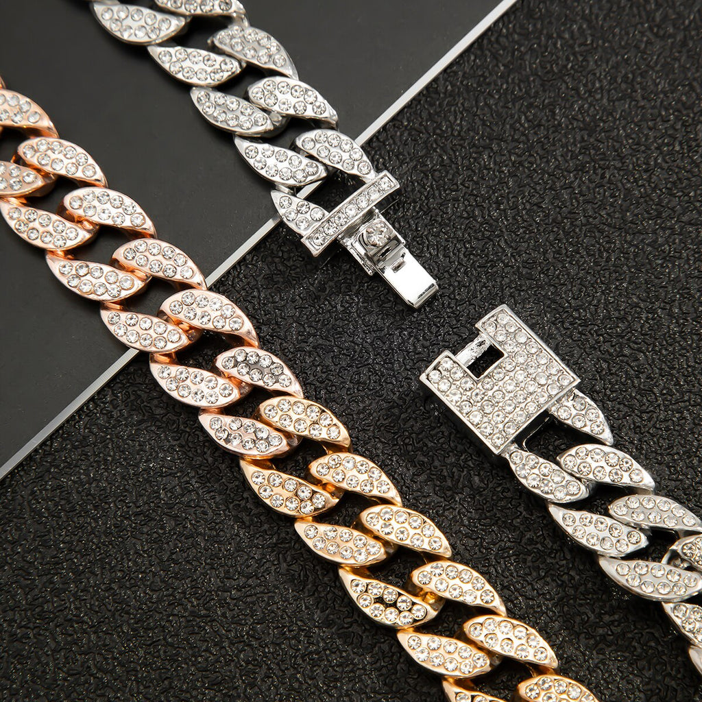 KunJoe Hip Hop Rhinestone Necklace Men Gold Color Thick Cuban Chain Punk Choker Necklace For Women Neck Collar Party Jewelry