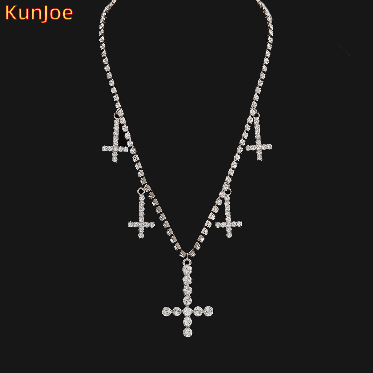 KunJoe Simple Women Cross Pendants Necklaces Gold Color Tennis Chain Crystal Clavicle Chain Choker Necklace Party Metal Jewelry