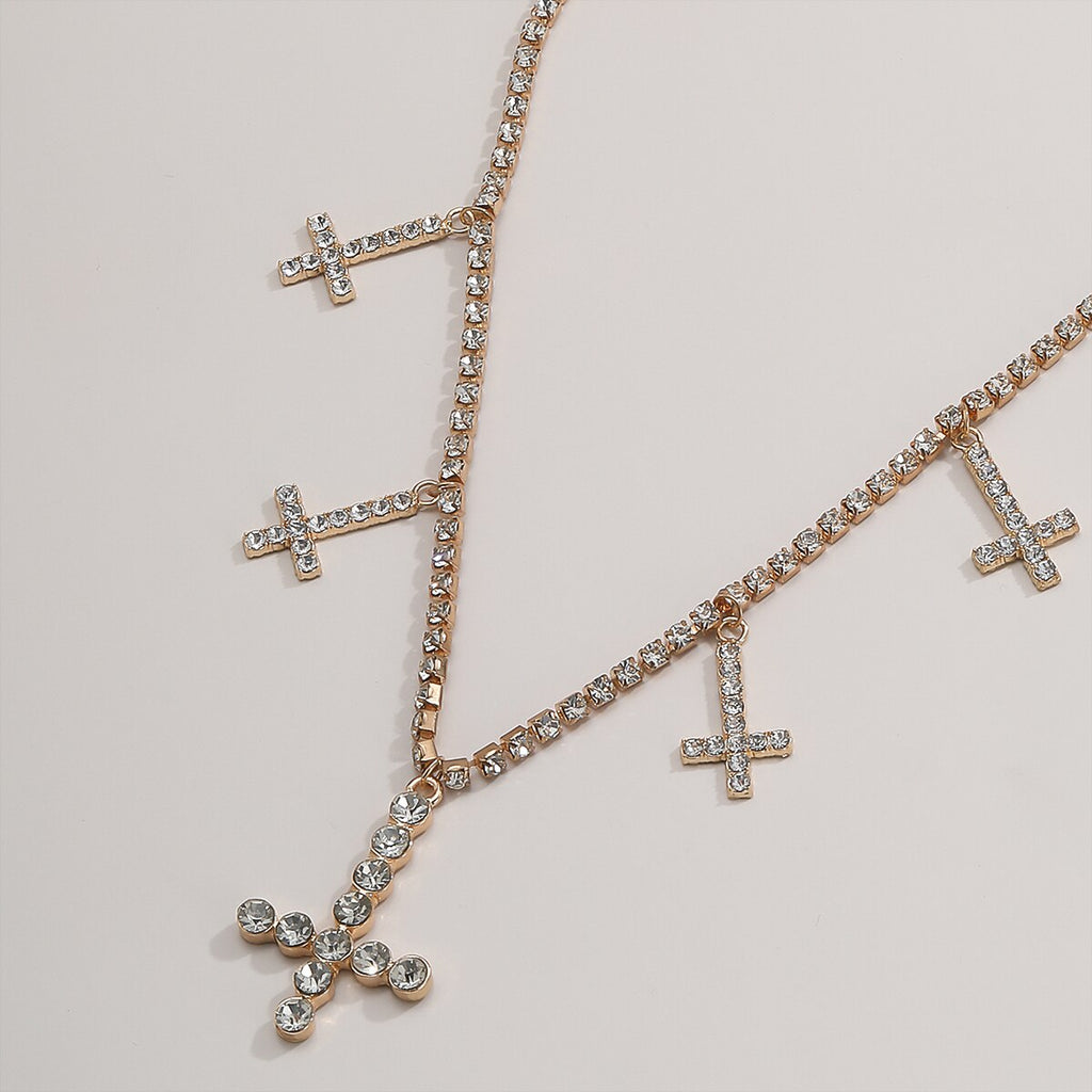 KunJoe Simple Women Cross Pendants Necklaces Gold Color Tennis Chain Crystal Clavicle Chain Choker Necklace Party Metal Jewelry