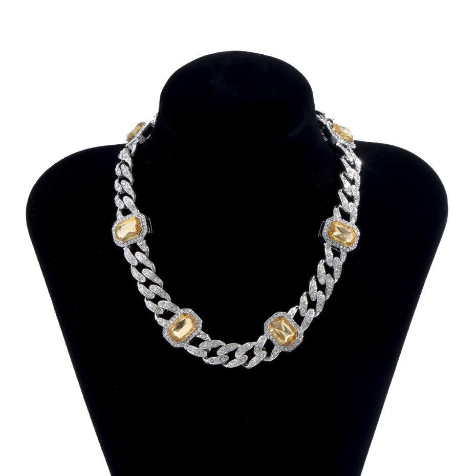 KunJoe Square Crystal Geometric Design Choker Women Vintage Punk Shiny Rhinestone Necklace Hip Hop Jewelry Chain Birthday Gift