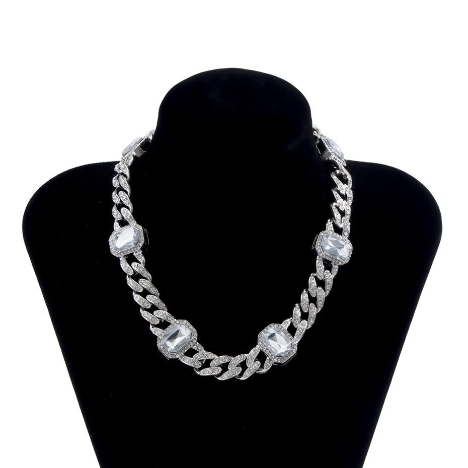 KunJoe Square Crystal Geometric Design Choker Women Vintage Punk Shiny Rhinestone Necklace Hip Hop Jewelry Chain Birthday Gift